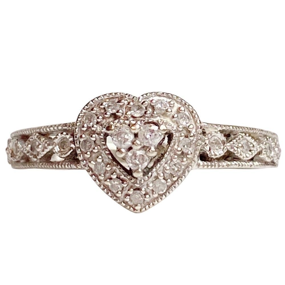 10k 10kt White Solid Gold Round Diamond Heart Ring Size 7 Anniversary Band
